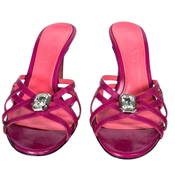 Judith Leiber Pink Leather Sandals Strappy Heeled Shoes Crystal Jewel Italian