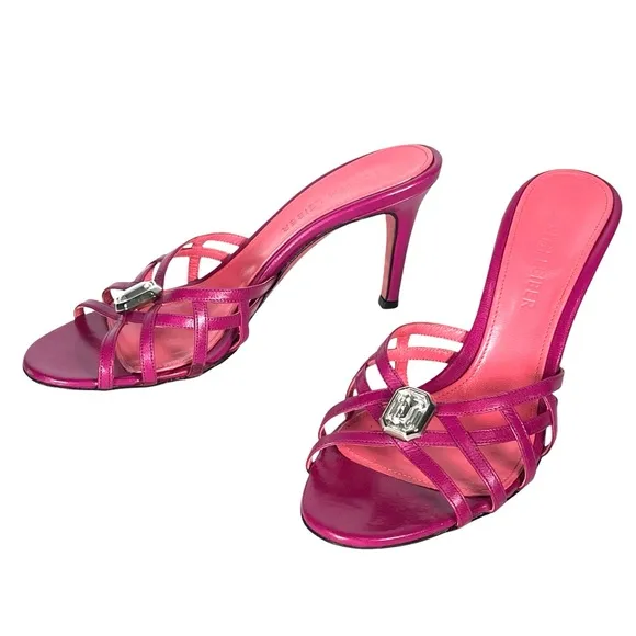 Judith Leiber Pink Leather Sandals Strappy Heeled Shoes Crystal Jewel Italian