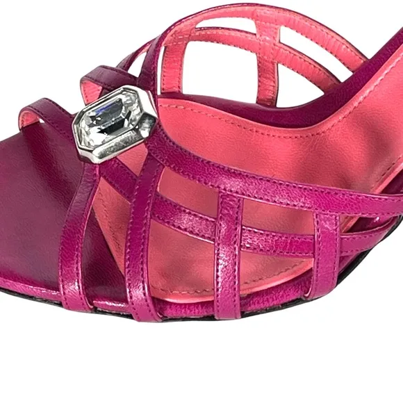Judith Leiber Pink Leather Sandals Strappy Heeled Shoes Crystal Jewel Italian