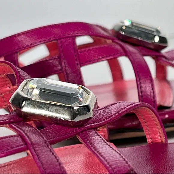 Judith Leiber Pink Leather Sandals Strappy Heeled Shoes Crystal Jewel Italian