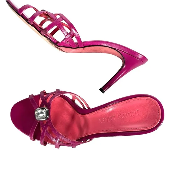 Judith Leiber Pink Leather Sandals Strappy Heeled Shoes Crystal Jewel Italian