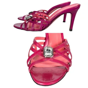 Judith Leiber Pink Leather Sandals Strappy Heeled Shoes Crystal Jewel Italian