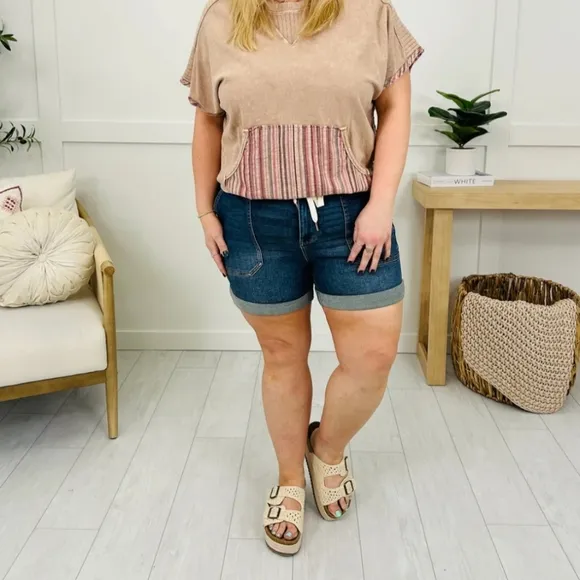 Judy Blue HR Dark Wash Tie Waist Patch Pocket Cuffed Denim Jogger Shorts NEW BTQ