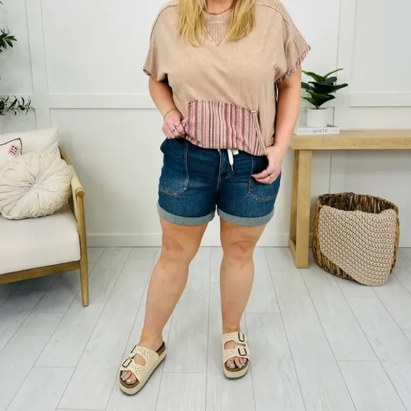 Judy Blue HR Dark Wash Tie Waist Patch Pocket Cuffed Denim Jogger Shorts NEW BTQ