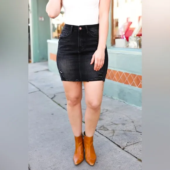 Judy Blue Let's Go Black High Rise Distressed Frayed Denim Skirt