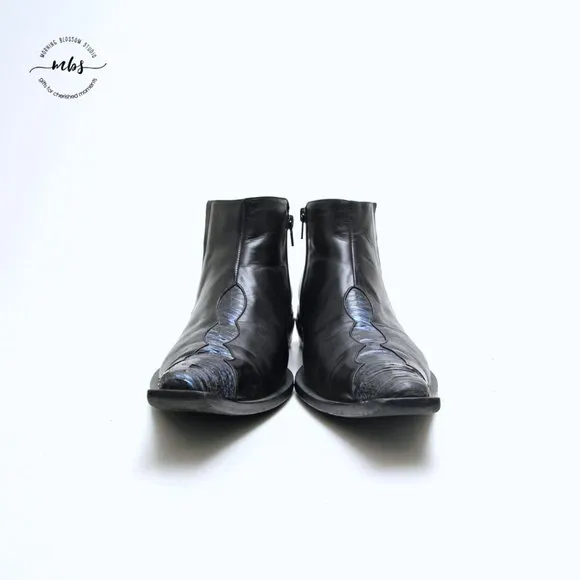 Juno Western Contrast Stitch Croc Pointed Toe Side Zip Ankle Boots Black Men 9