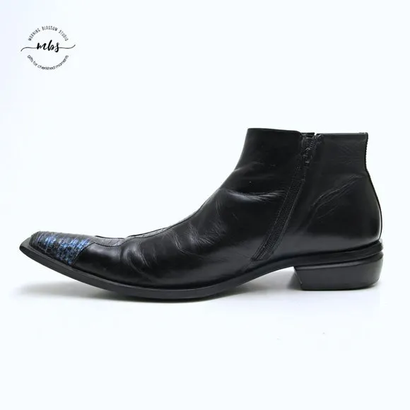 Juno Western Contrast Stitch Croc Pointed Toe Side Zip Ankle Boots Black Men 9
