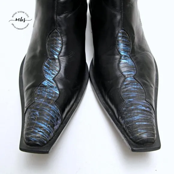 Juno Western Contrast Stitch Croc Pointed Toe Side Zip Ankle Boots Black Men 9