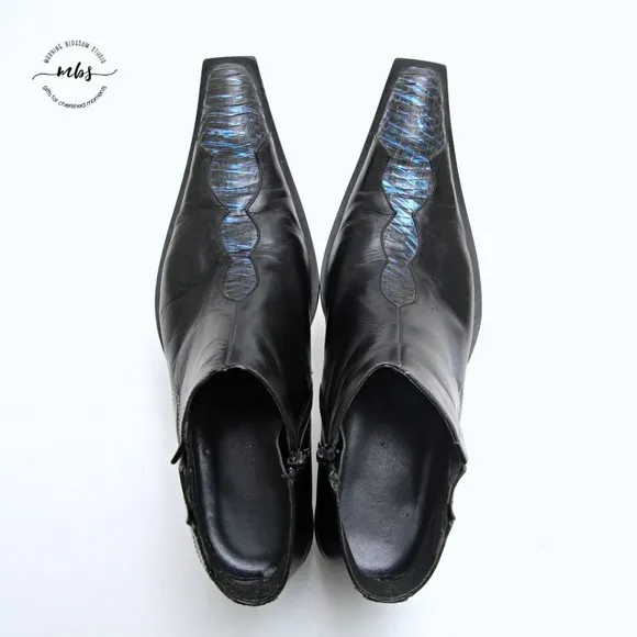 Juno Western Contrast Stitch Croc Pointed Toe Side Zip Ankle Boots Black Men 9