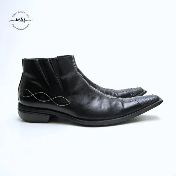 Juno Western Contrast Stitch Croc Pointed Toe Side Zip Ankle Boots Black Men 9