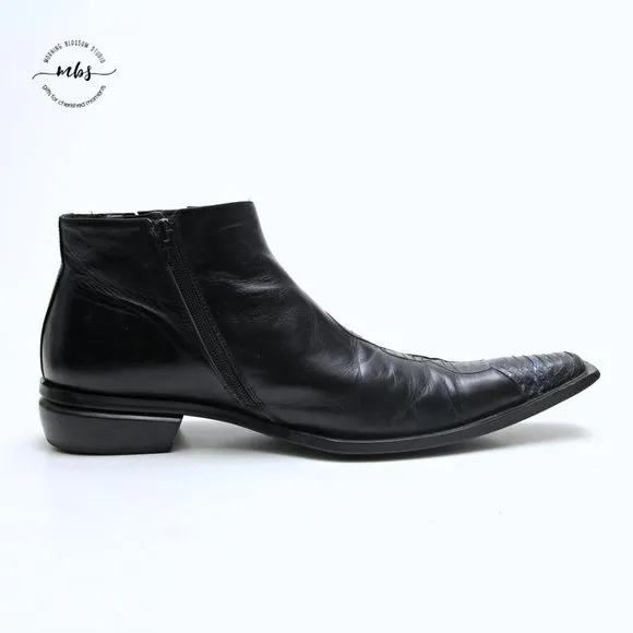 Juno Western Contrast Stitch Croc Pointed Toe Side Zip Ankle Boots Black Men 9