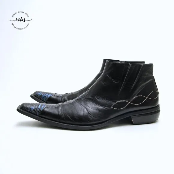 Juno Western Contrast Stitch Croc Pointed Toe Side Zip Ankle Boots Black Men 9