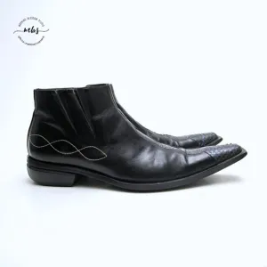 Juno Western Contrast Stitch Croc Pointed Toe Side Zip Ankle Boots Black Men 9