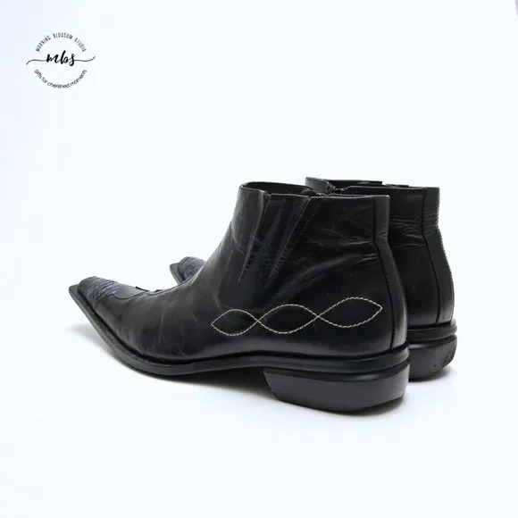 Juno Western Contrast Stitch Croc Pointed Toe Side Zip Ankle Boots Black Men 9