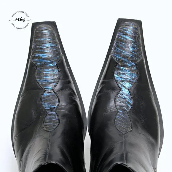 Juno Western Contrast Stitch Croc Pointed Toe Side Zip Ankle Boots Black Men 9