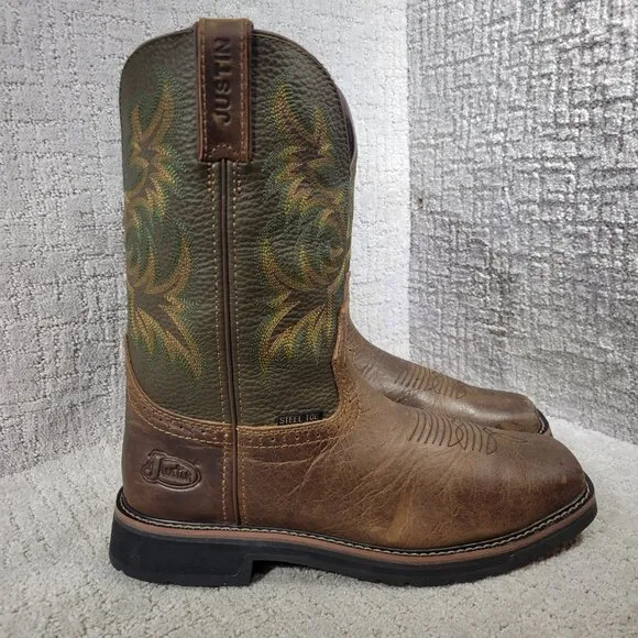 Justin ASTM F2413-18 Men's Size 12 EE Brown Leather Steel Toe Western Work Boots