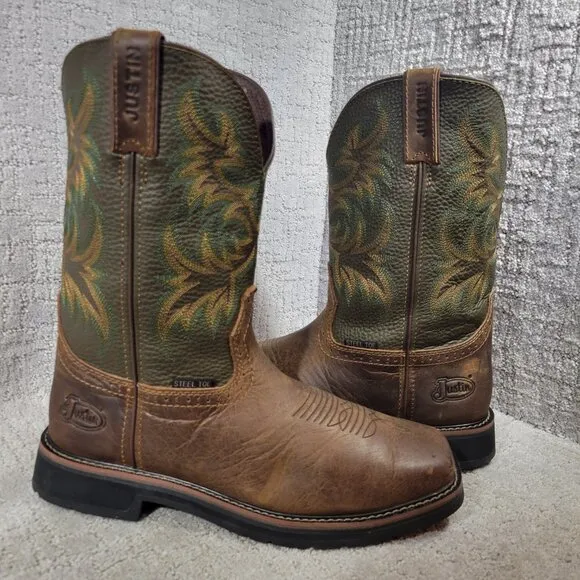 Justin ASTM F2413-18 Men's Size 12 EE Brown Leather Steel Toe Western Work Boots