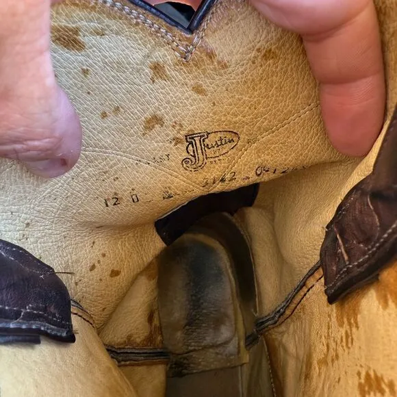 JUSTIN Brown Leather Western Cowboy Boots Roper Style Pull-On Ranch Work Boots