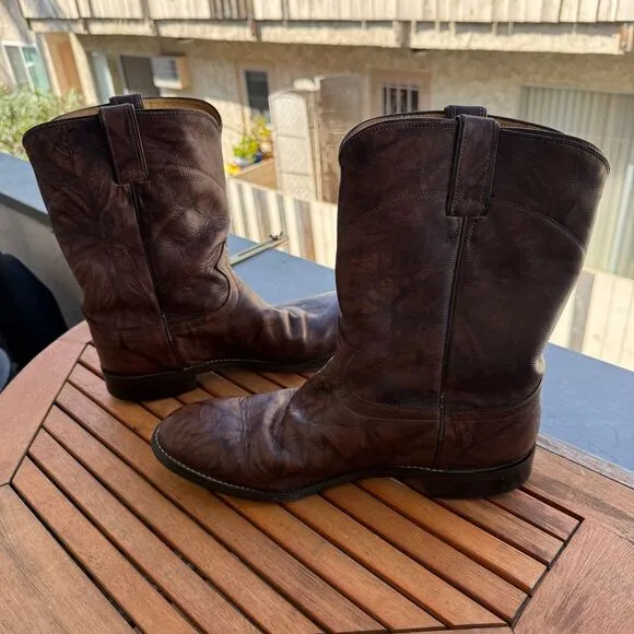 JUSTIN Brown Leather Western Cowboy Boots Roper Style Pull-On Ranch Work Boots