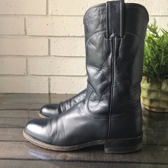 Justin Dark Blue Leather Cowboy Roper Boots