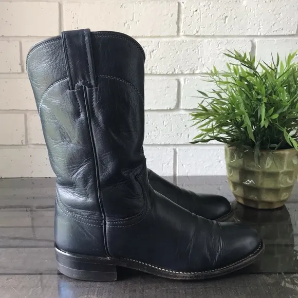 Justin Dark Blue Leather Cowboy Roper Boots