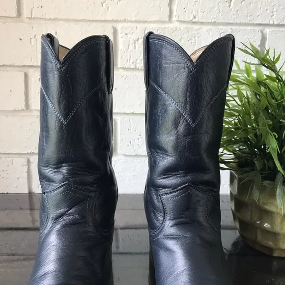 Justin Dark Blue Leather Cowboy Roper Boots