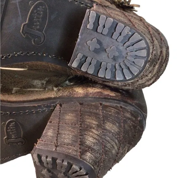 Justin Western Rodeo Cowgirl Leather Distressed Boots Size 8B Side Zip Tassels