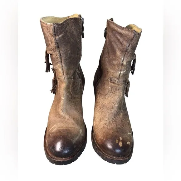 Justin Western Rodeo Cowgirl Leather Distressed Boots Size 8B Side Zip Tassels