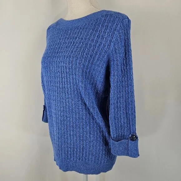 Karen Scott 100% Cotton Boat Neck Cable Loose Knit Rolled Tab Sleeve Sweater L