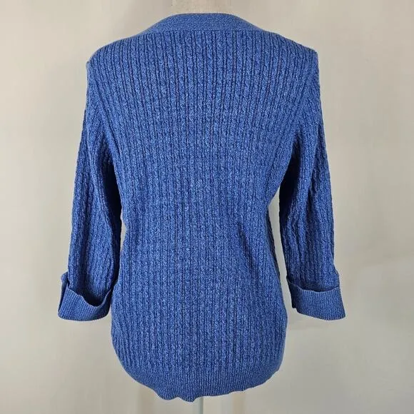 Karen Scott 100% Cotton Boat Neck Cable Loose Knit Rolled Tab Sleeve Sweater L