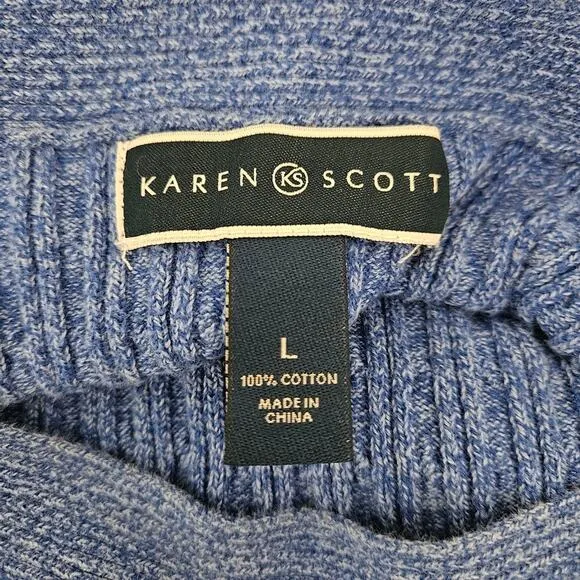 Karen Scott 100% Cotton Boat Neck Cable Loose Knit Rolled Tab Sleeve Sweater L