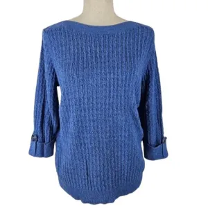 Karen Scott 100% Cotton Boat Neck Cable Loose Knit Rolled Tab Sleeve Sweater L