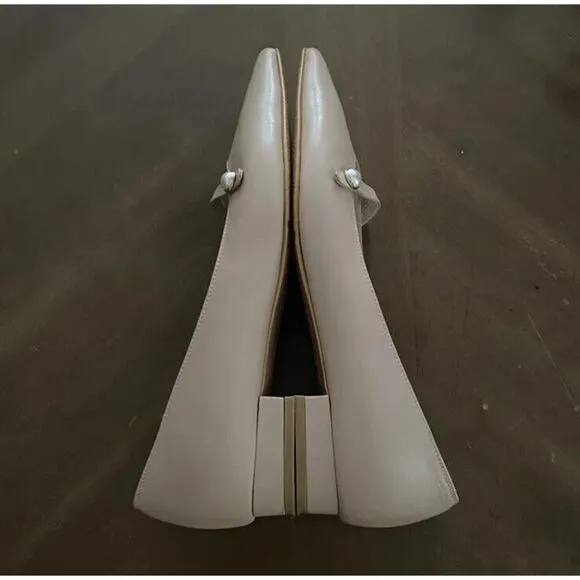Karen White US 7.5 Peony Ballet Flats Leather Pointed Toe Strap Pearl Detail