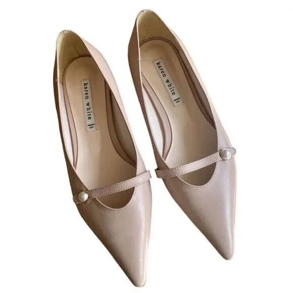 Karen White US 7.5 Peony Ballet Flats Leather Pointed Toe Strap Pearl Detail