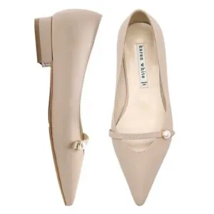 Karen White US 7.5 Peony Ballet Flats Leather Pointed Toe Strap Pearl Detail