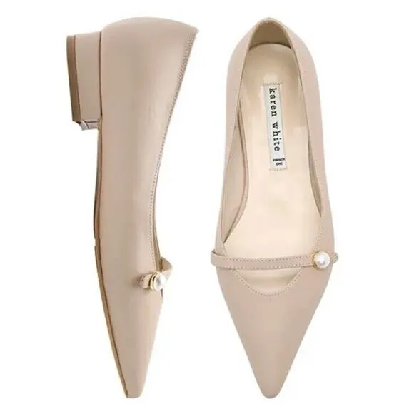 Karen White US 7.5 Peony Ballet Flats Leather Pointed Toe Strap Pearl Detail