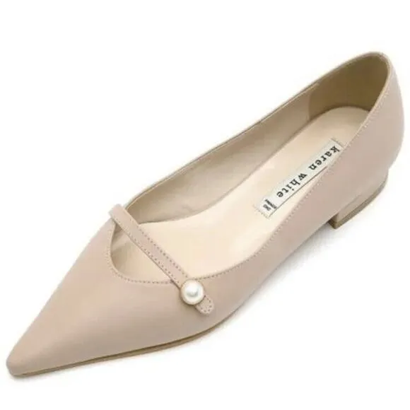 Karen White US 7.5 Peony Ballet Flats Leather Pointed Toe Strap Pearl Detail
