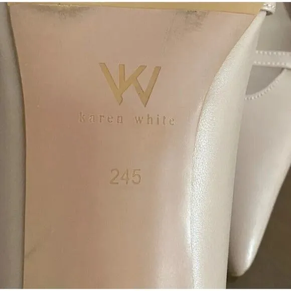Karen White US 7.5 Peony Ballet Flats Leather Pointed Toe Strap Pearl Detail