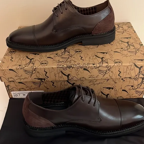 KARL LAGERFELD PARISMen's Leather Cap Toe Derby Lace-Up Shoe 7M Dark Br…