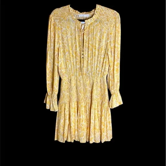 KARLIE Long Sleeve Yellow &amp; Orange Snake Print V-Neck Smock Waist Dress
