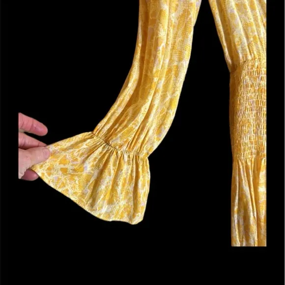 KARLIE Long Sleeve Yellow &amp; Orange Snake Print V-Neck Smock Waist Dress