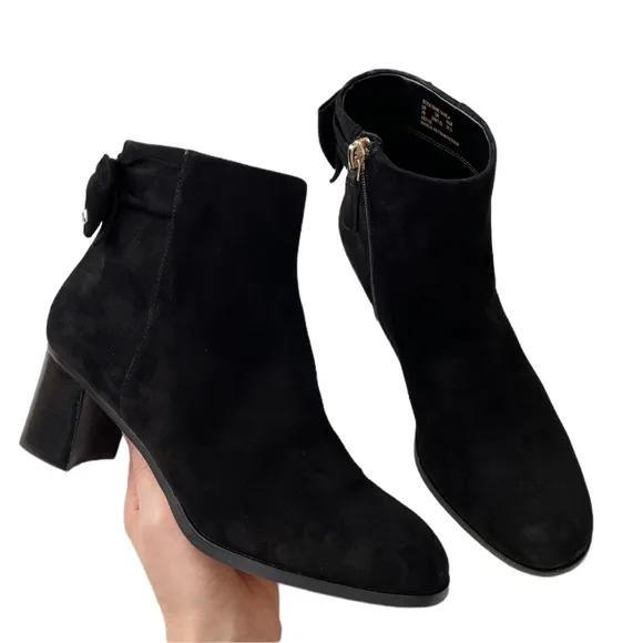Kate Spade Marla Genuine Suede Leather Side Zip Back Bow Ankle Boots Black 7