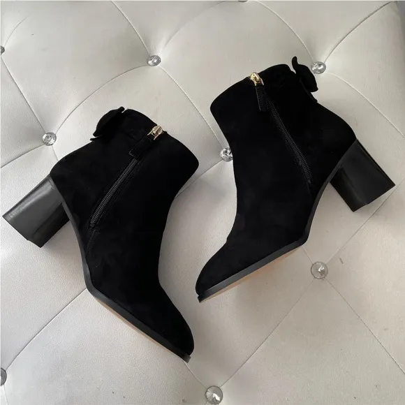 Kate Spade Marla Genuine Suede Leather Side Zip Back Bow Ankle Boots Black 7