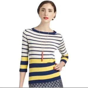 Kate Spade Nautical Boat Neck Silk Blend Stripe Sweater in Blue Yellow Size M