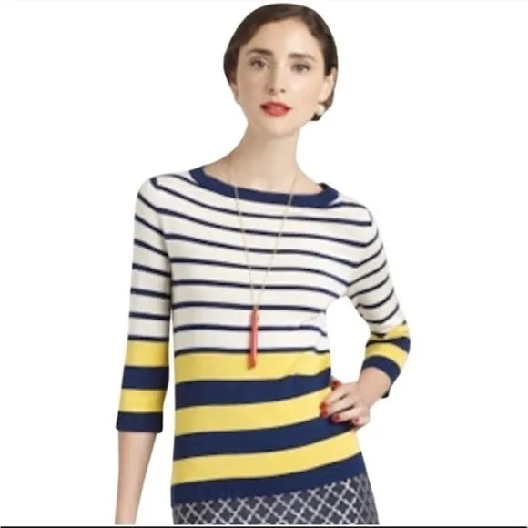 Kate Spade Nautical Boat Neck Silk Blend Stripe Sweater in Blue Yellow Size M