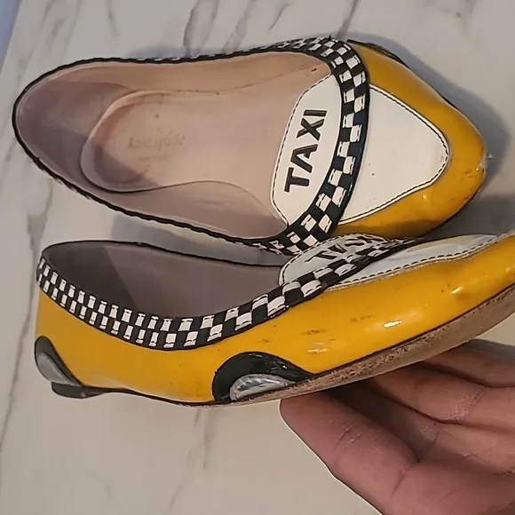 Kate Spade NY Taxi Flats Women's 6.5 Yellow Black White Checker Patent Leather