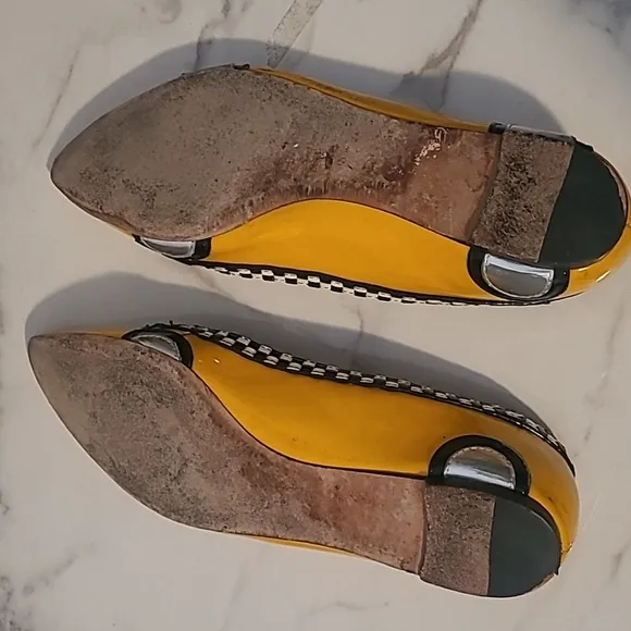 Kate Spade NY Taxi Flats Women's 6.5 Yellow Black White Checker Patent Leather