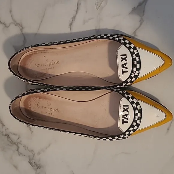 Kate Spade NY Taxi Flats Women's 6.5 Yellow Black White Checker Patent Leather