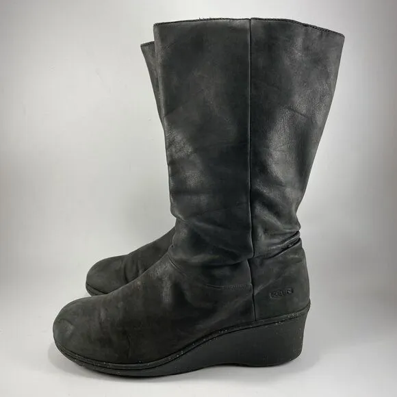 Keen Akita Tall Zip Wedge Womens Size 11 Black Leather Riding Boots Inner Zip