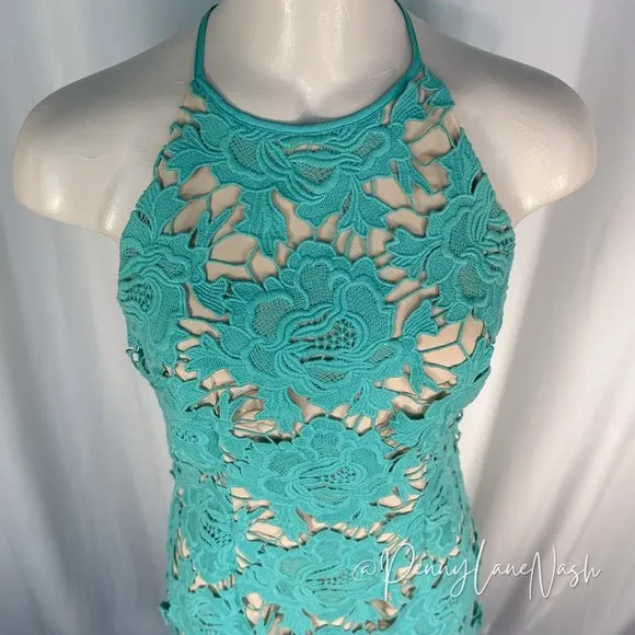 Keepsake True Love Lace Cocktail Dress Aqua Blue